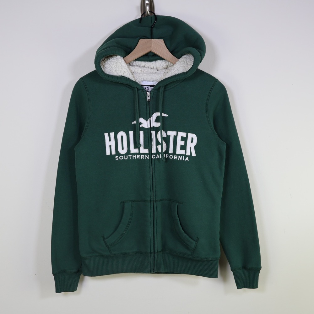 Hollister Sherpa Lined Full Zip Hoodie Size Small Green Y2K Logo Sweatshirt